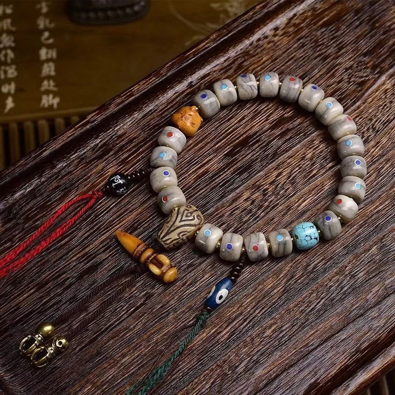 returned barrel bead bracelet with silver multi-gem inlay camel bone three-way connector Tibetan-style yak