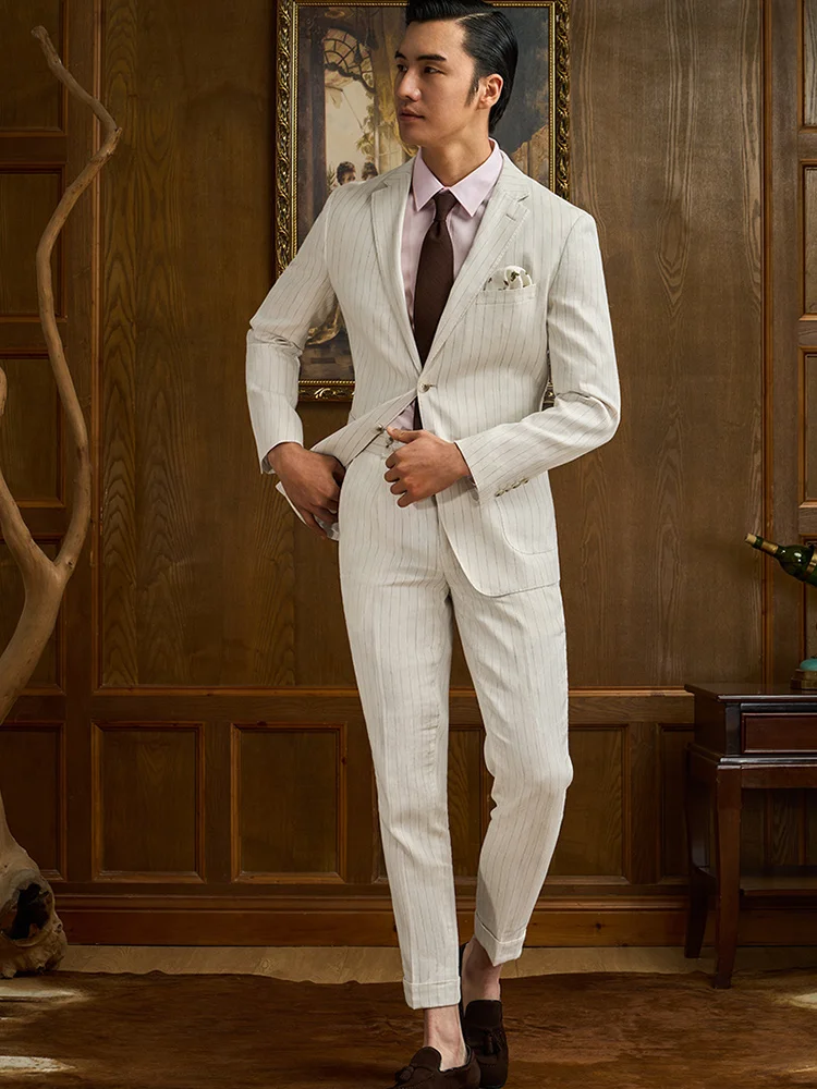 60% Linen 40% Cotton Men Suits Set Blazer + Pant Slim Style 2022 Summer Thin Double Breasted Full Sleeve White Striped Clothing