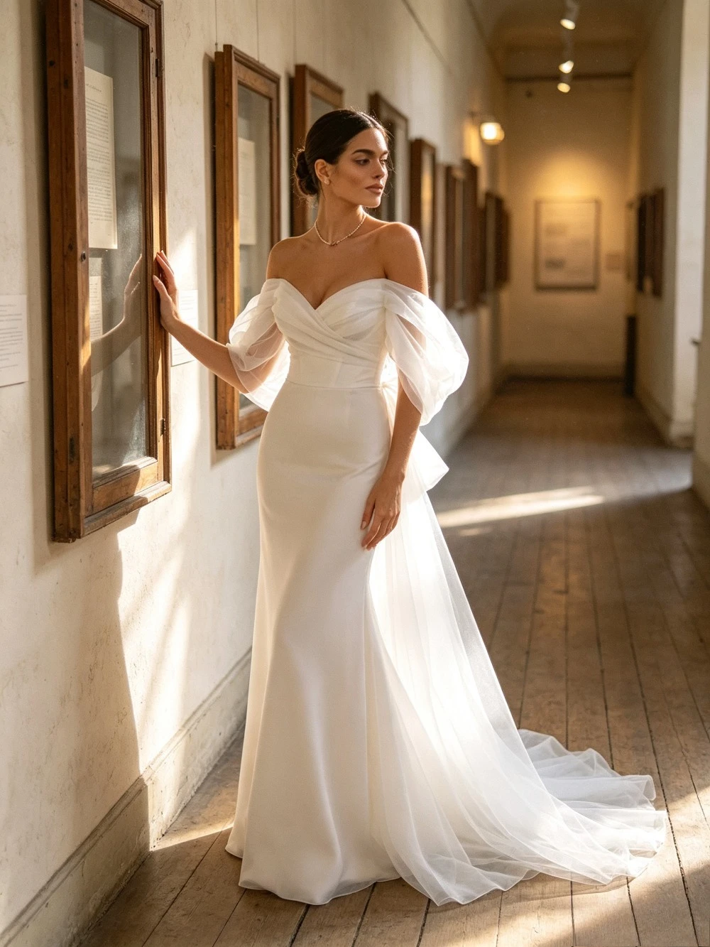 Customized Elegant Off Shoulder Satin Mermaid Wedding Dress 2026 Luxury Bubble Sleeve Tailored Bridal Dress Suitable for Beach