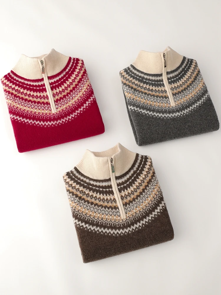 Sweater Rajut Jacquard Kotak-kotak Gaya Fair Isle Musim Gugur Musim Dingin yang Chic, 100% Wol Merino, Kerah Setengah Tinggi, Ritsleting, Pakaian Pria