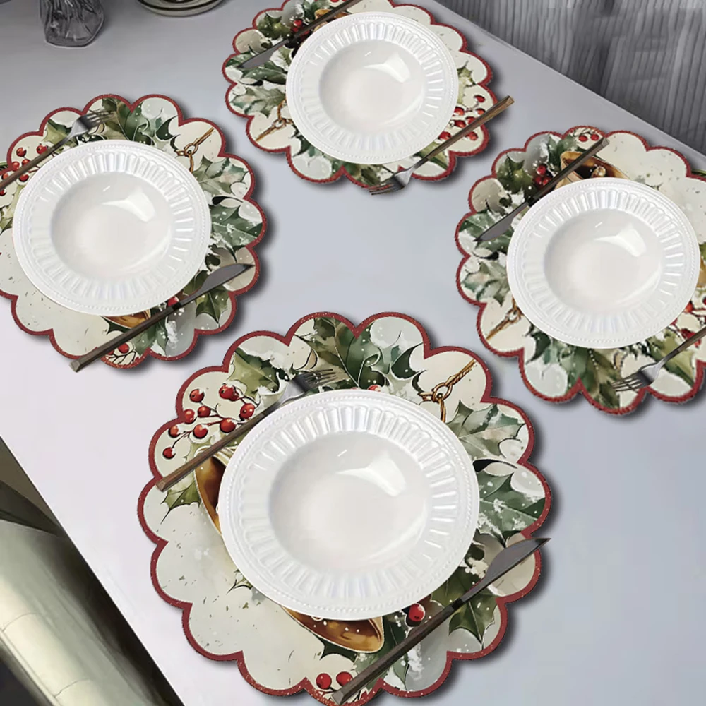 Christmas Bells Placemat Holly Red Berry Winter Snow Table Mat For Christmas Festive Dining Table Decor Holiday Home Decoration
