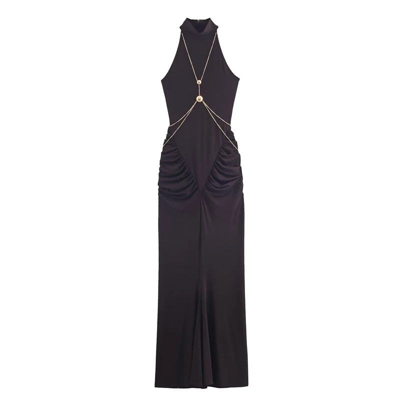 Sleeveless Ruched Gown for Evening Gala & Red Carpet Women's Black High Neck Chain Detail Maxi Dress
