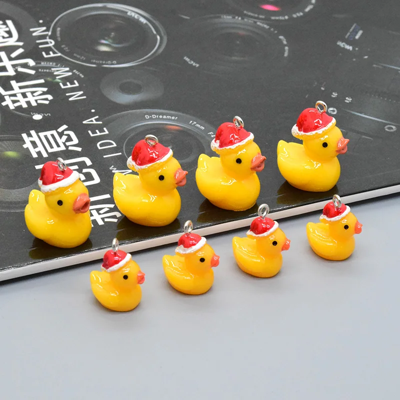 10pcs Christmas Small Yellow Duck Resin Charms Santa Hat Funny Cute Pendant For Earring Keychain Diy Jewelry Making