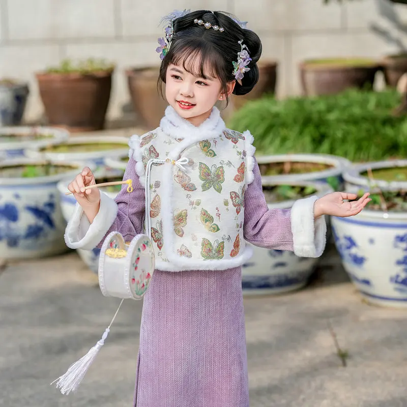 Oriental Style Girls Purple Qipao Dress Mandarin Collar Fake Diagonal Placket Knot Button Decor Design Cheongsam Robe Hanfu Look