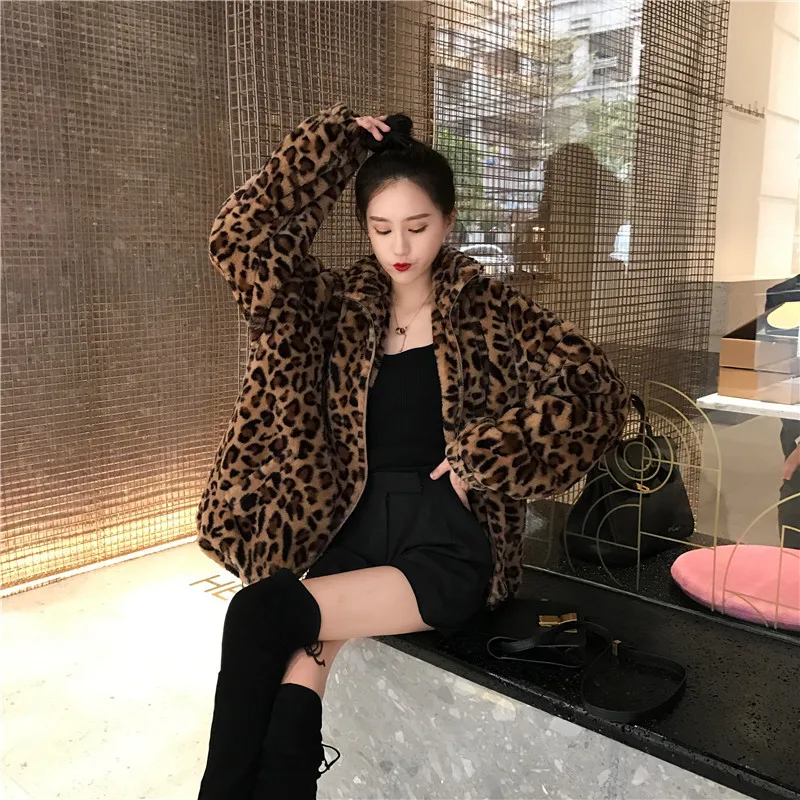 Donna Vintage Leopard Stand Collar Zipper Outwear 2023 giacca invernale Lady cappotti larghi oversize Fuzzy donna Casual Streetwear