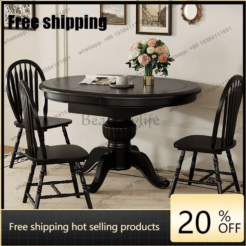 HJ American solid wood dining table retractable folding French retro small apartment family dining table