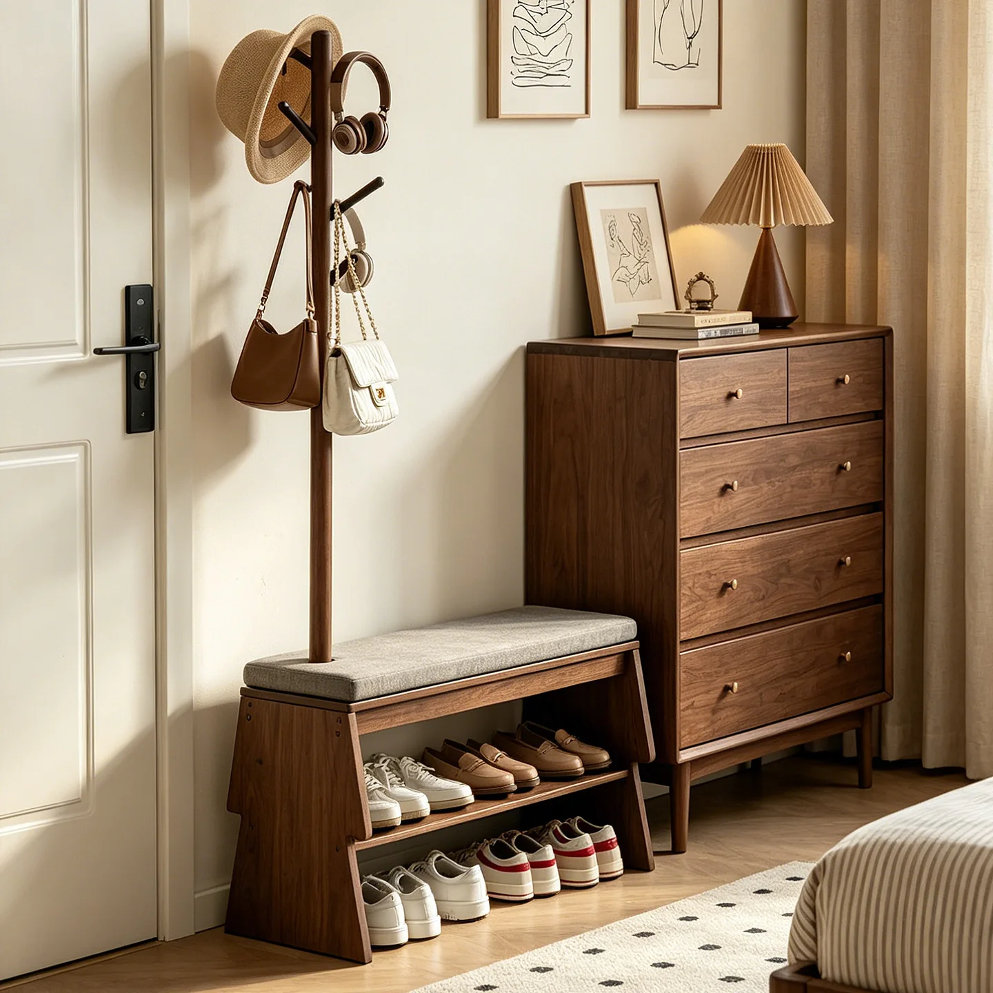 Solid wood shoe change stool, hanger integrated, shoe cabinet can be sat at the door of the home, wear shoelaces