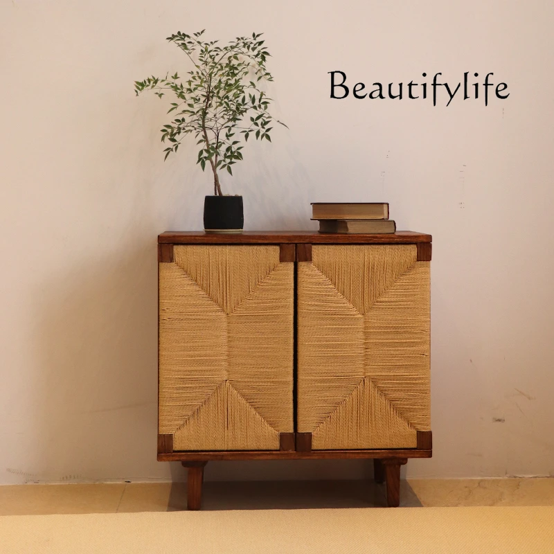 Retro dining side cabinet Solid wood French entrance cabinet Medieval rattan weaving home bed and breakfast hotel dining cabinet