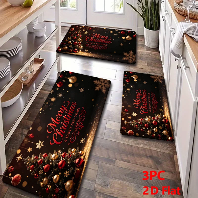 Christmas Kitchen Rugs Set Snowman Santa Xmas Print Non Slip Mat 1/2/3Pcs Options Washable Holiday Home Floor Decor