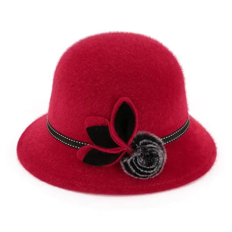 Autumn Winter Wool Women Elegant Church Hat Ball Ribbon Solid Color Ladies Jazz Cap New Female Bow Bowler Wedding Ceremony Cap