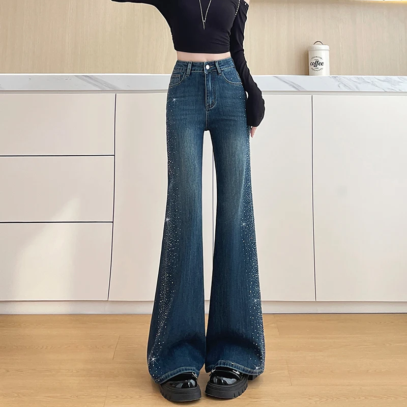 Women High Waist Flare Jeans Hotfix Rhinestone Decor Stretchy Denim Pants Vintage Washed Aesthetic Y2K Bell-bottoms Trousers