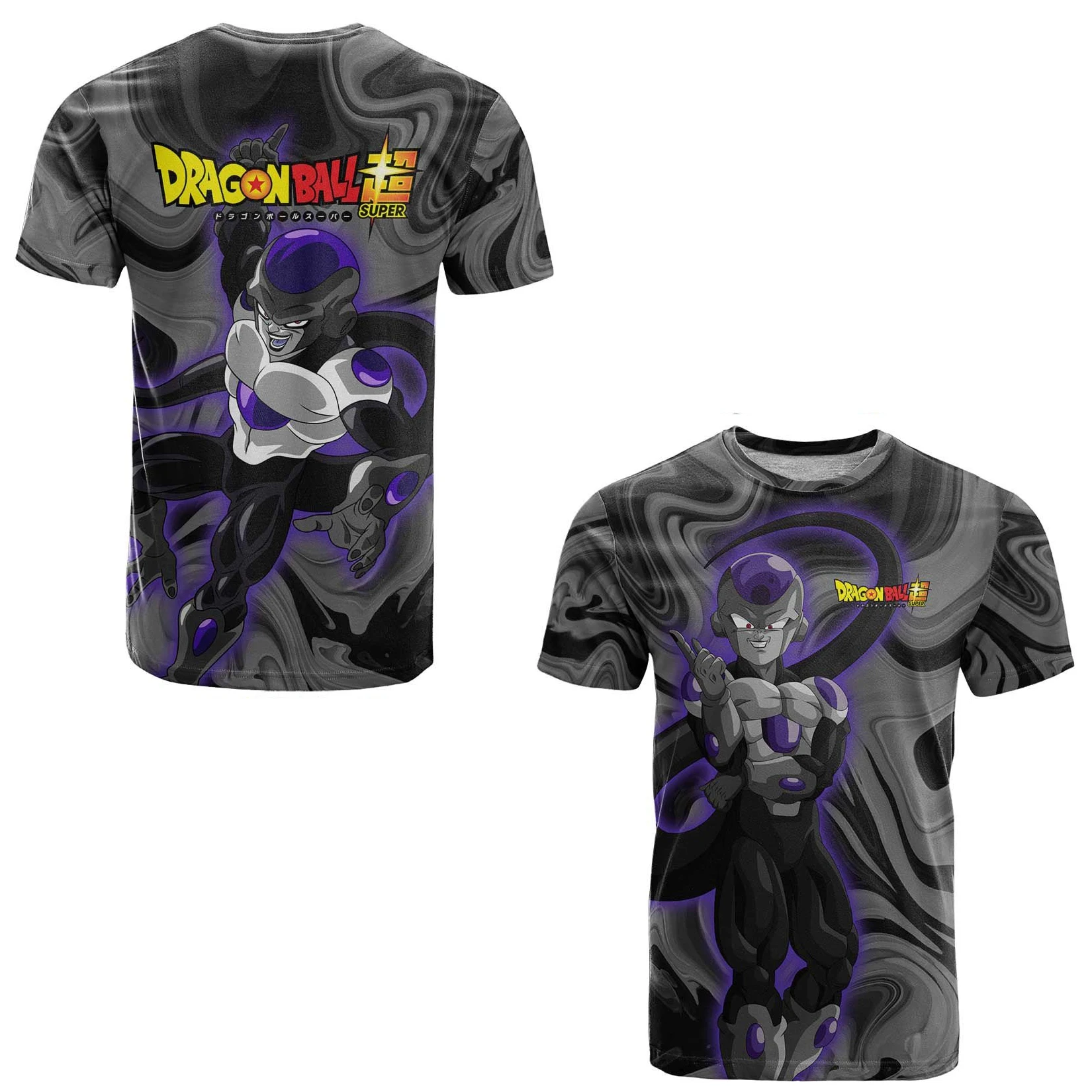 Camiseta Adulto Dragon Ball Frieza 2026 Verão - Tema Fluido 3D Impressão Respirável de Secagem Rápida - Forma Preta e Prateada - Top para Pais