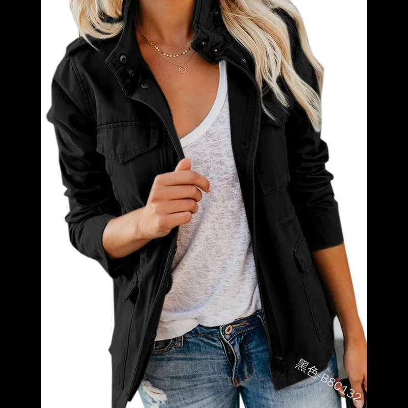 

Biker Jackets Womens Jacket Zipper Spring Leatherette Metal Rivet Zippered Stand-Collar Snap-Button Hiphop Edgy Millennial Ins