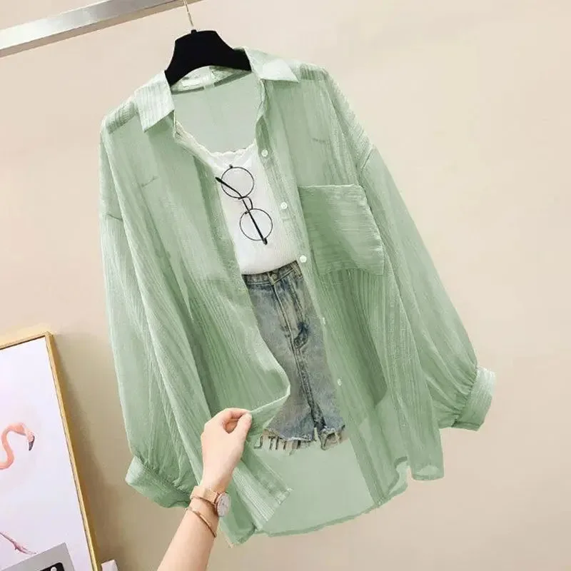 

Women Elegant Long Sleeve Perspective Sheer Sunscreen Chiffon Blouse Korean Fashion Loose Shirt Women Summer Beach Cardigans