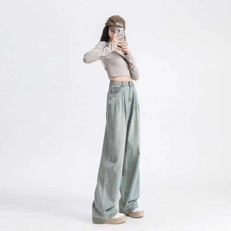 Pantalones vaqueros de cintura alta para mujer, ropa de mezclilla de algodón de pierna ancha, Pantalones rectos, pantalones casuales azules Retro