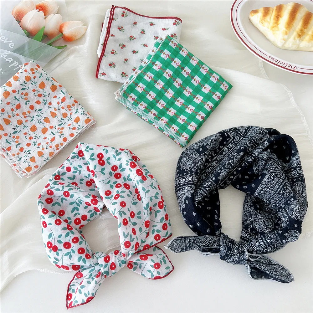 Square Scarf Linen Cotton Floral Print Lightweight Comfortable Women Japanese Headband Neckerchief for Summer Fall