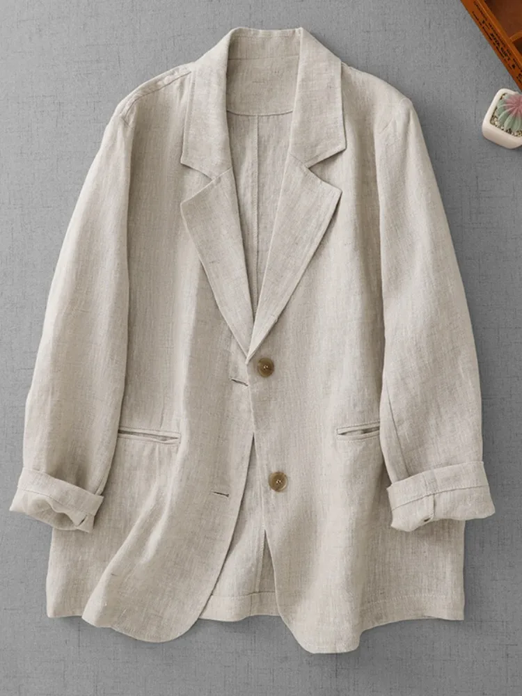 Linen Cotton Casual Loose Women's Suit Jacket Spring Autumn Vintage High End Simple Outerwear Comfortable Breathable Long Sleeve
