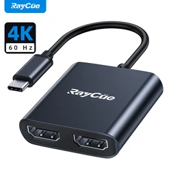 RayCue USB C to Dual HDMI Adapter 4K 60Hz HDMI Splitter 2 Monitor Extend Display Type C HUB for Lenovo Surface Dell HP Laptops