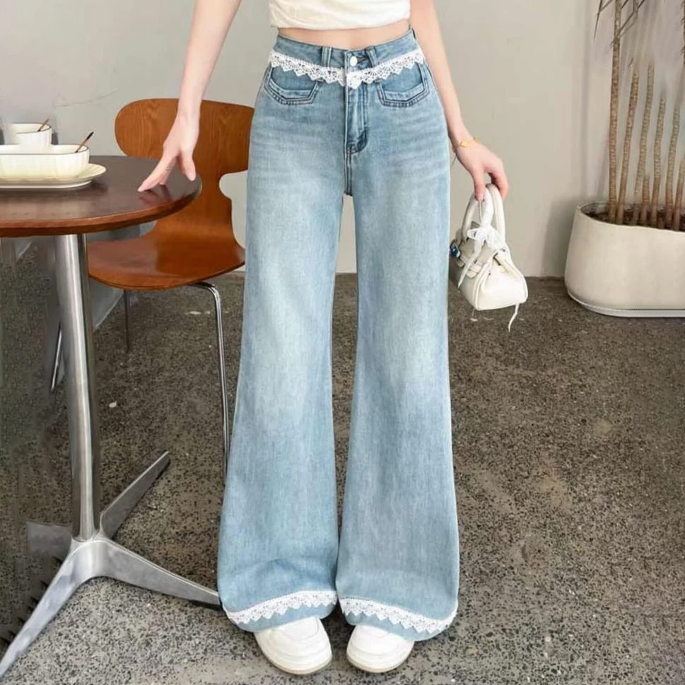 Lace Trim Flare Jeans Women High Waist Denim Pants Vintage Bell‑Bottom Wide Leg Trousers Casual Sweet Fashion Female Bottoms
