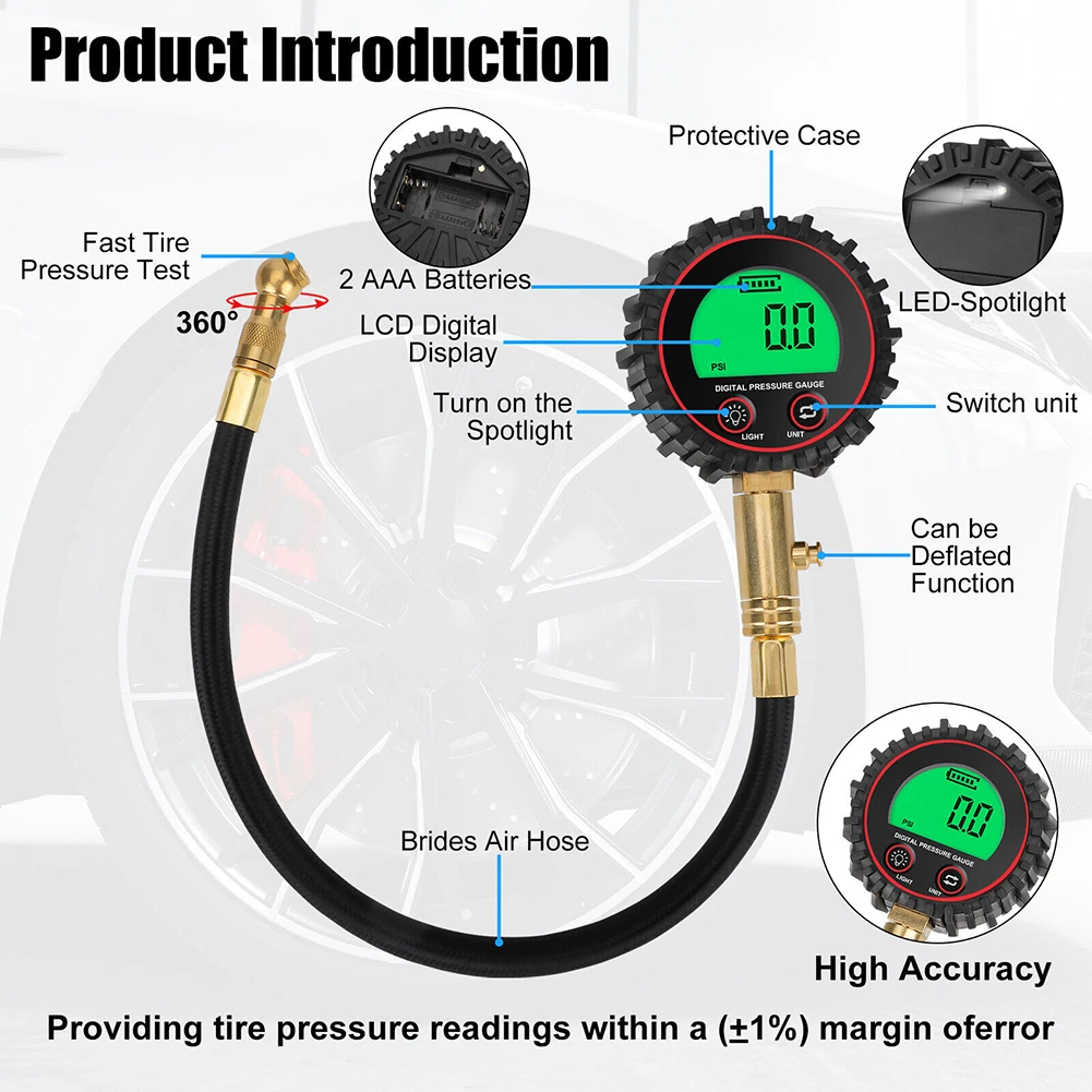 Digital Tire Pressure Gauge 255PSI Professional Accuracy LCD Display Air Pressure Gauge For Trucks Cars RVs