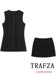 TRAFZA Vintage Chic Suit Women Striped O Neck Button Sleeveless Blazer Straight Mini Skirts Fashion 2024 Autumn Office Sets