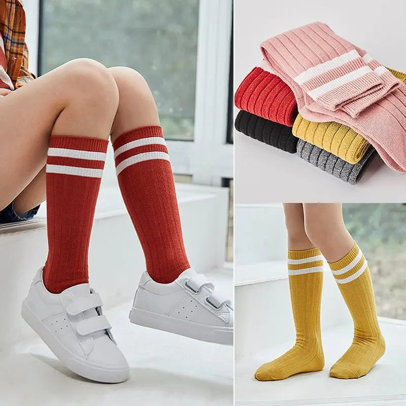 5 Pairs/lot Kids Knee High Long Socks Soft Cotton Black White Stripes Children Sports Socks Boys Girls Classic Preppy Style Sock