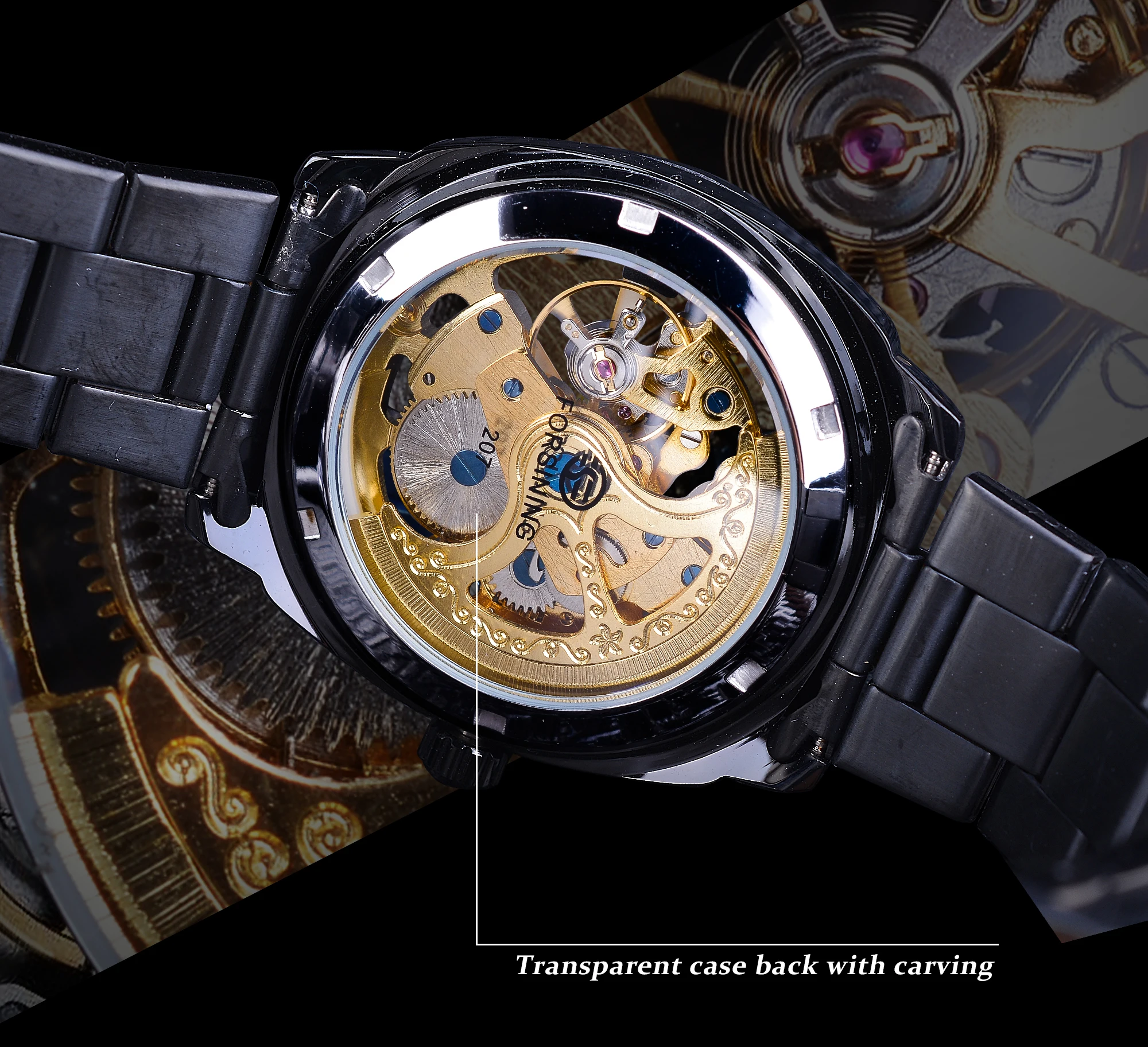 Forsining Men\'s Automatic Mechanical Watch Fashion Transparent Retro Top Brand Luxury Full Golden Luminous Hands Skeleton Clock