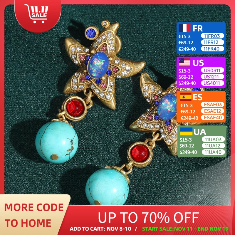 

Винтажные опаловые серьги с морской звездой и бирюзой для женщин, висячие бусины цвета античного золота, роскошные дизайнерские ювелирные аксессуары 2025