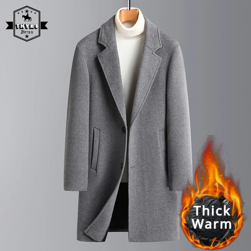 

Thickened Medium Length Wool Coat Mens High Quality Warm Casual Wool Blend Business Overcoats Stylish Solid Trench Coats Winter