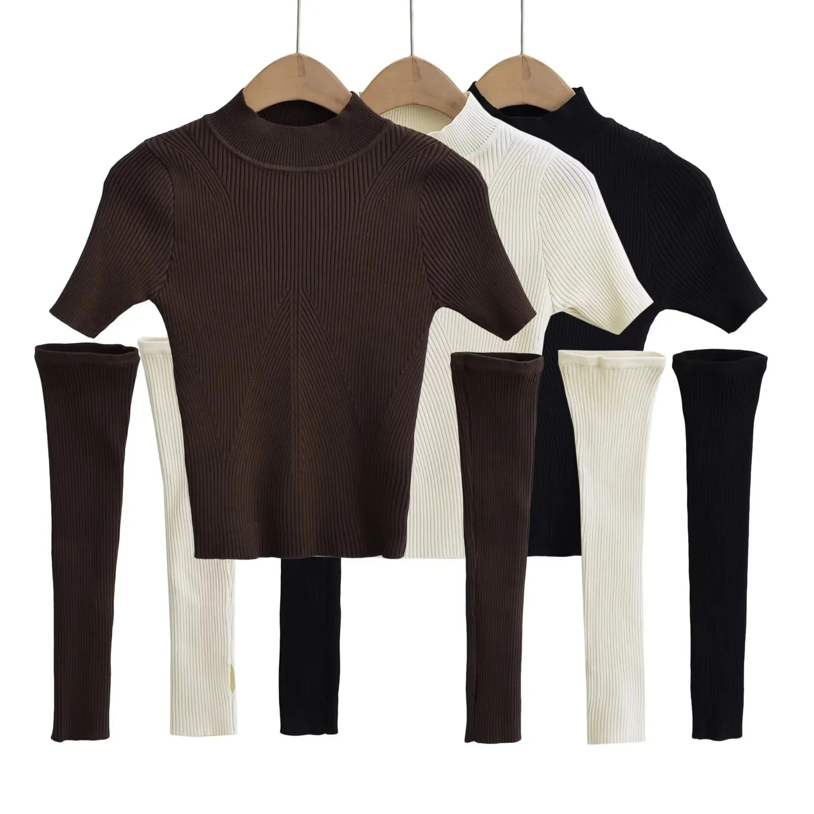 

Detachable Sleeve Knitted Sweater Women Large Size Tops Autumn-Winter Double-Breasted Lapels Grid Gradient Small Lapel College