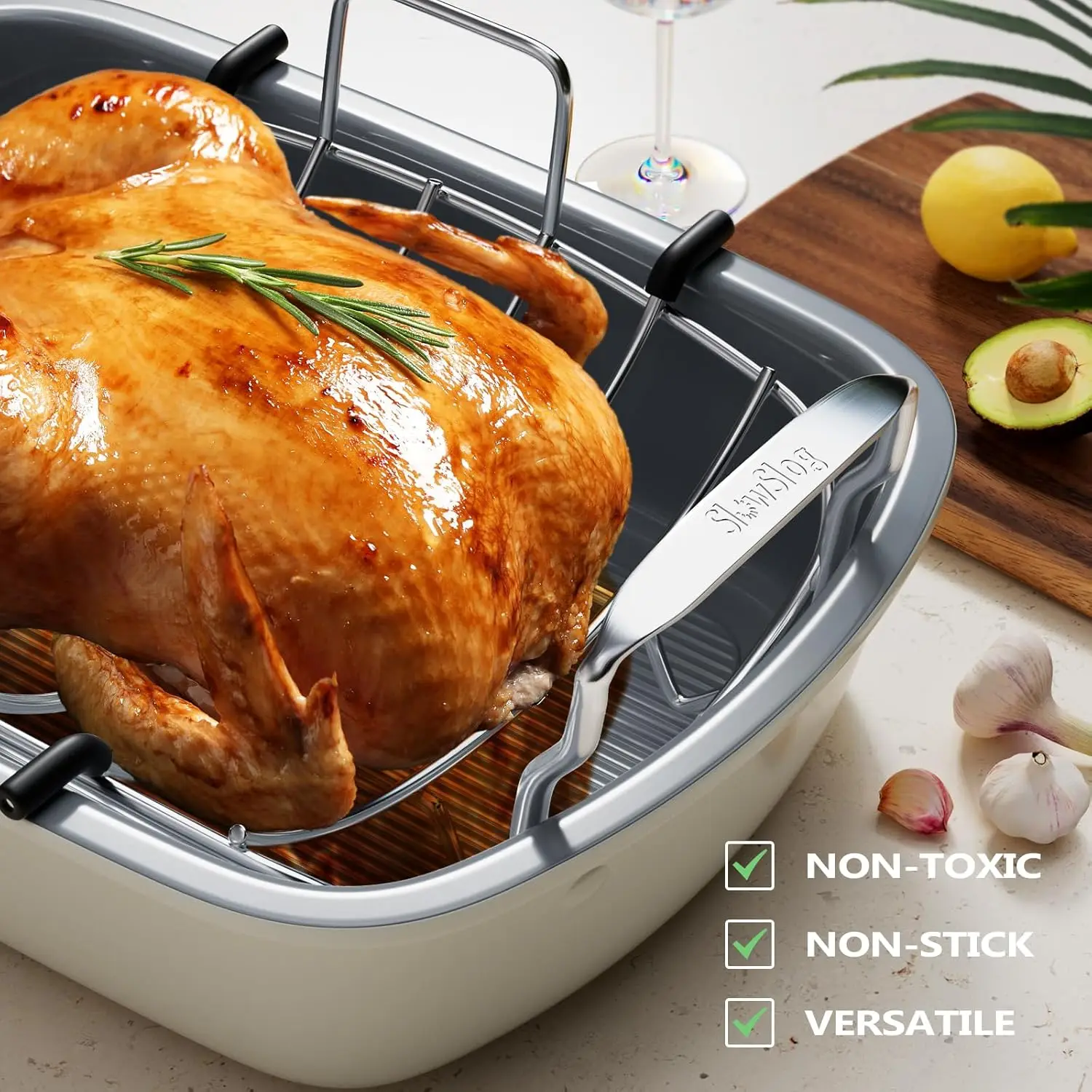 Nonstick Turkey Roasting Pan with Rack, 17 x 13 Inch Turkey Pan, large roaster pan for Meat & Vegetable, White