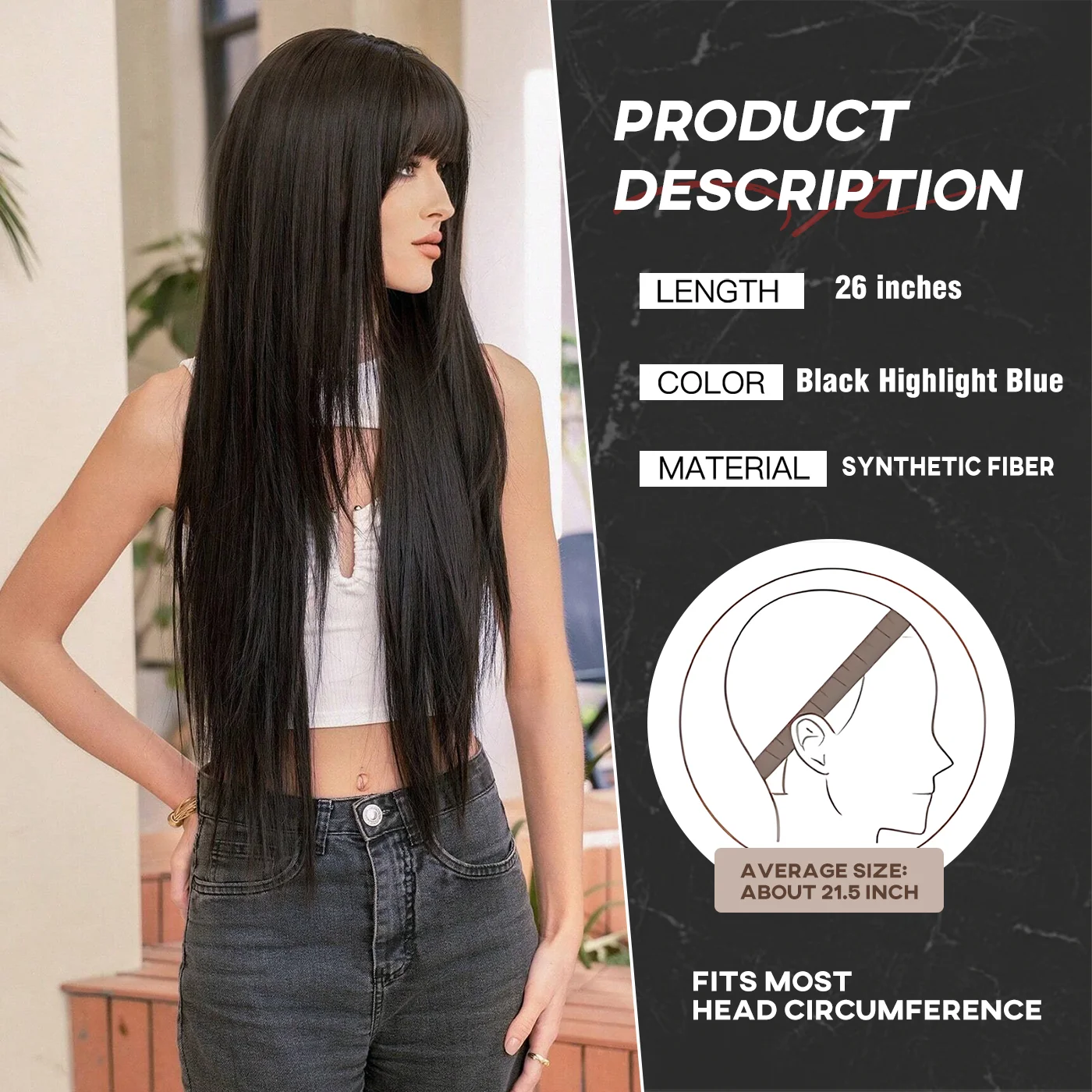 28-calowa Naturalna Czarna Peruka z Grzywką Super Długa Warstwowa Prosta Peruka Dla Kobiet Długa Czarna Brązowa Peruka Syntetyczna Odporna Na Ciepło