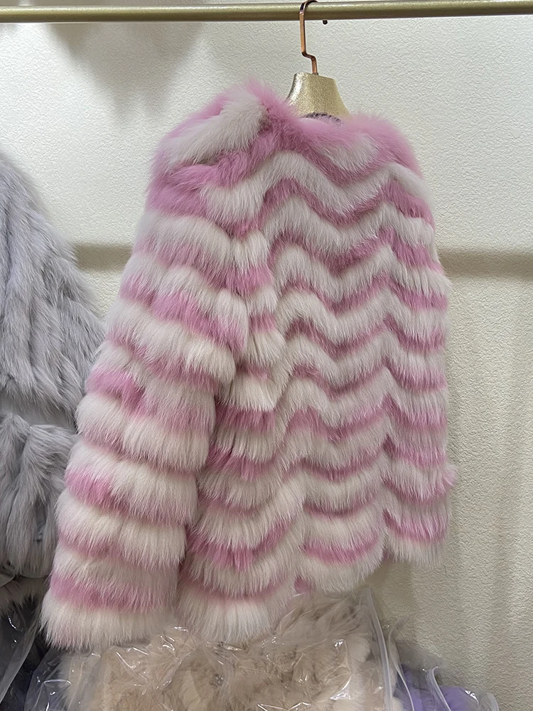 New Arrival Women Lady Winter Fur Strip Sewed Toghter Color Matching Real Fox Fur Jacket Outerwear Coat Length 65cm