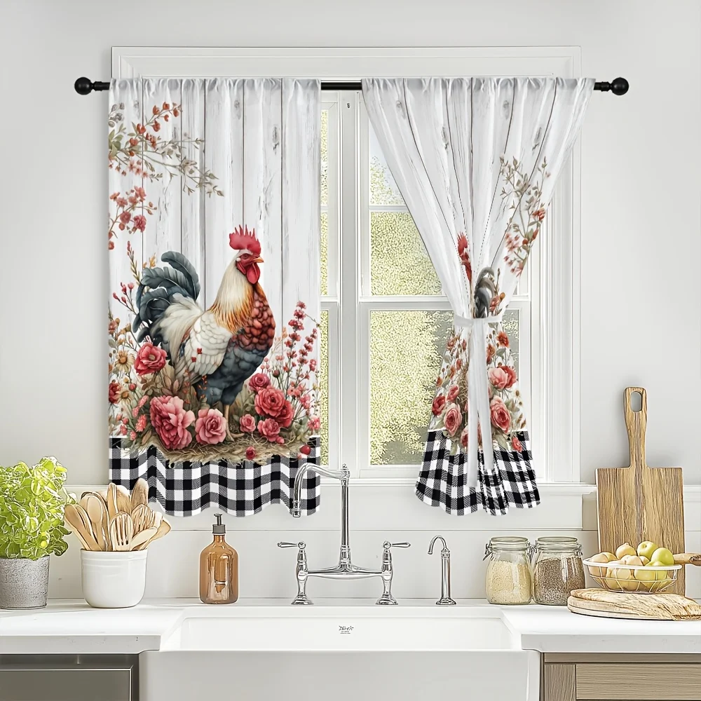 Farmhouse Rooster Curtain Panels, Farm Rooster Rose Flower Buffalo Plaid White Wooden Board Print Drapes for Kitchen Home Decor