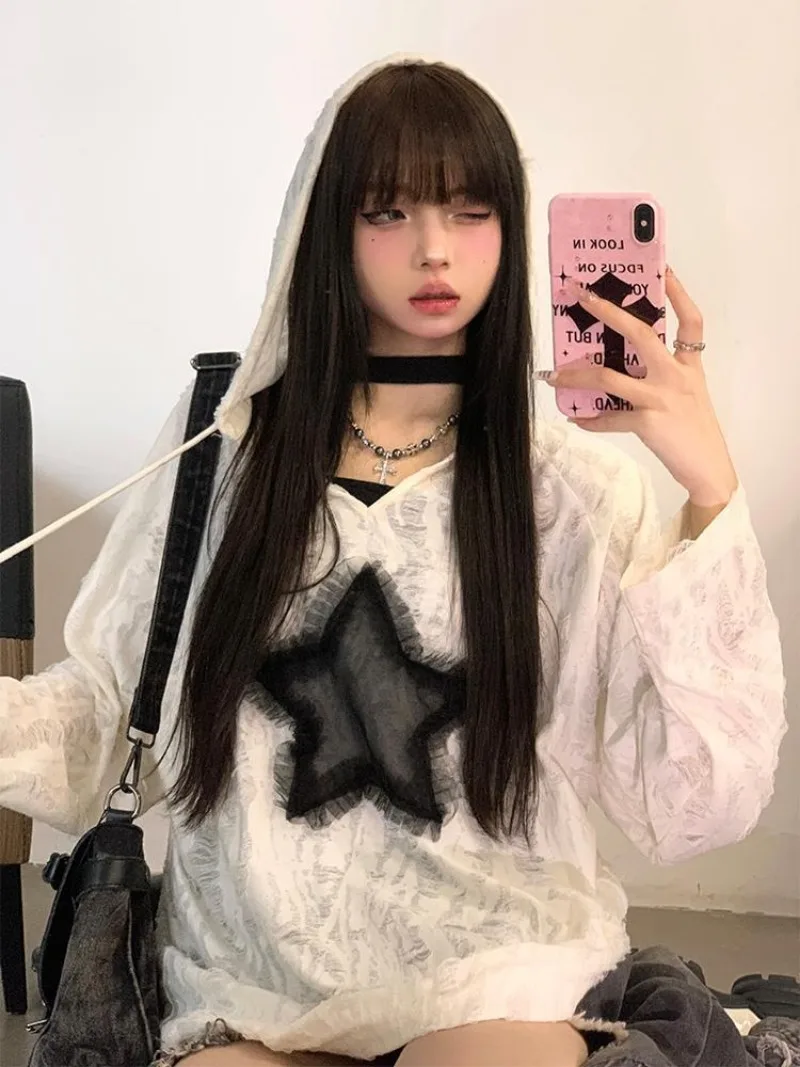 Grunge Hooded T-shirt with Hole Women Fashion Star Print Y2k Loose Tees Kpop Fairycore Ripped Tshirt Harajuku Gothic Streetwear