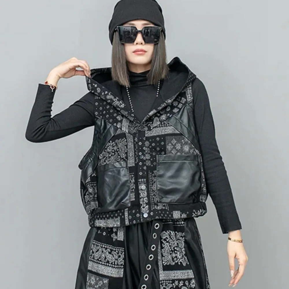 2024 Spring Autumn New Cool Printed Denim Patchwork PU Leather Hooded Sleeveless Short Vest Women LX1137