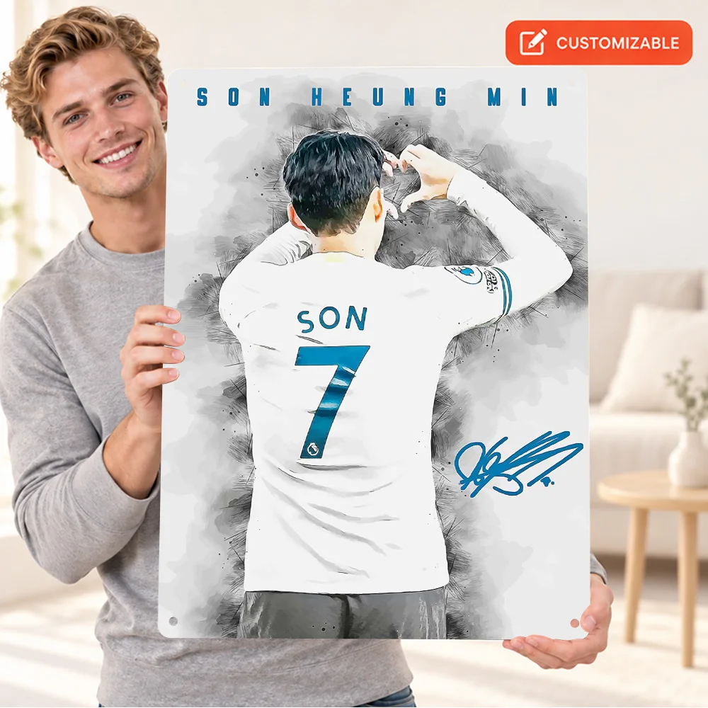 Son Heung Min Textured Metal Poster Customized Aluminum Sign Watercolor Illustration Wall Art For Sports Lounge Soccer Fan Gift