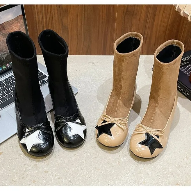 Botines de mujer, botas de caña corta, con estampado de estrellas y lazo, de piel de oveja y ante, con cuña oculta, punta redonda, de fácil calzado, estilo bailarinas, cómodas para mujer.