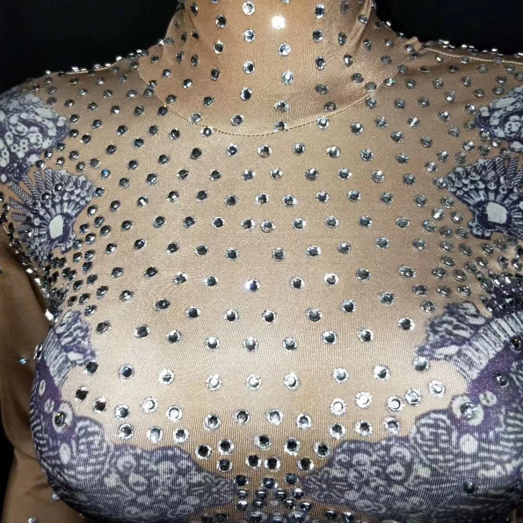 여성 프린트 스키니 긴팔 퍼플 폴댄싱 바디수트 나이트클럽 가수 무대 의상