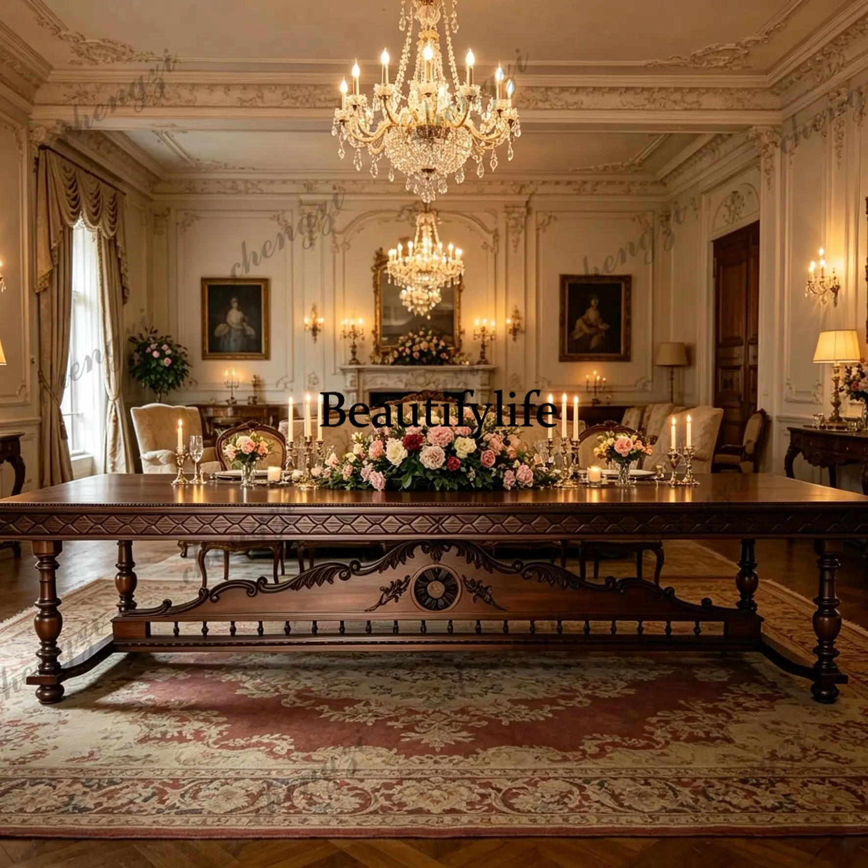 French retro carved solid wood super long dining table villa large flat floor classical heavy industry carved banquet table