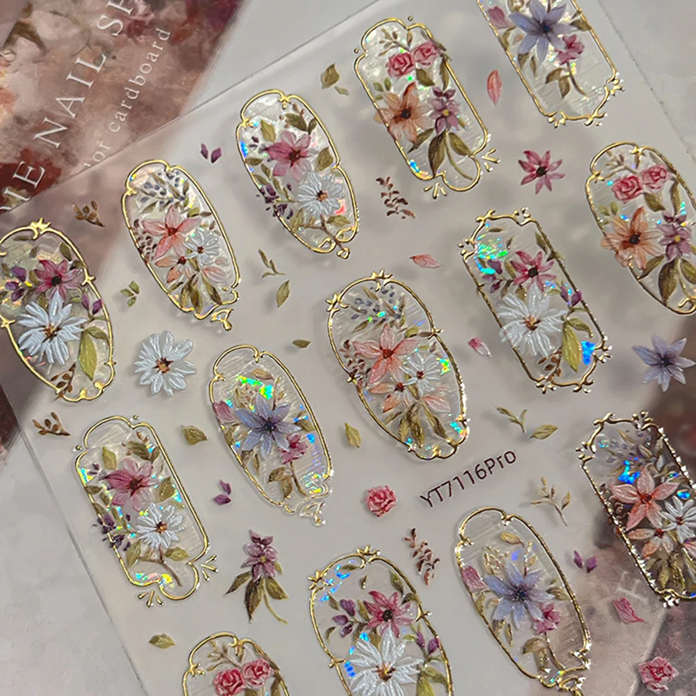 Golden Edge Spring Flowers 5D Embossed Self-Adhesive Retro Palace Bohemian Floral Nail Stickers for Stunning Nail Art view 5