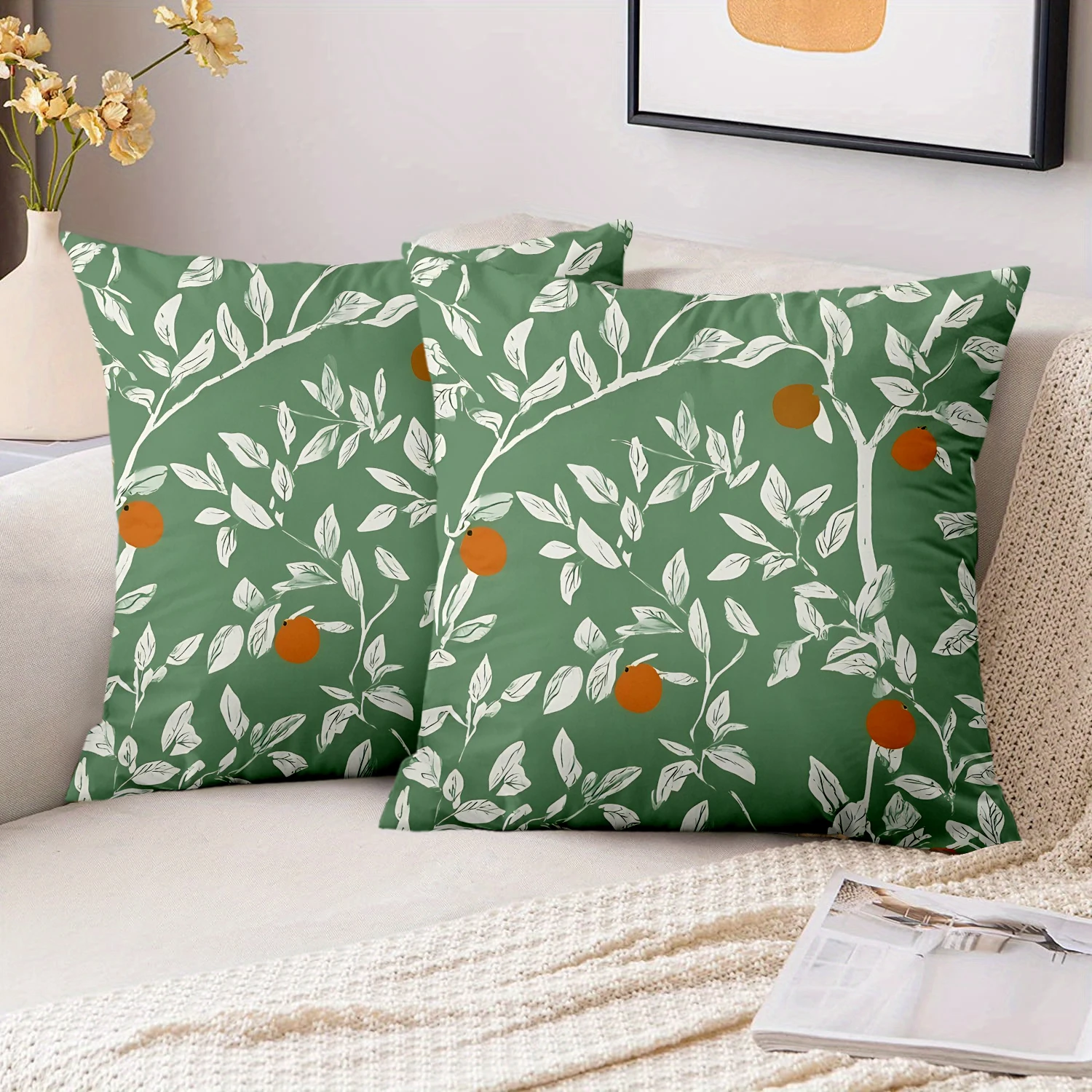 1 Pieces Vintage Orange Fruit Green Leaf Throw Pillow Covers Pattern Cushion Cover Suitable for Sofa Bedroom Car Pillow Cover