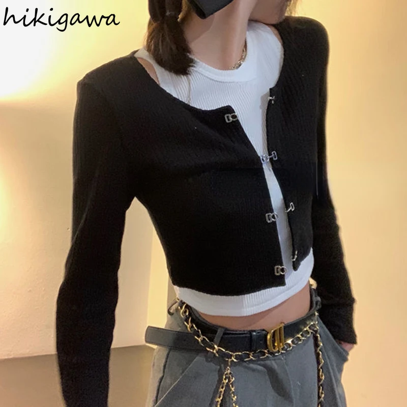 Cropped Cardigans Fashion Knitted 2 Piece Set Women Long Sleeve Black Sweater White Sleeveless Vest Suit Pull Femme Y2k Clothes