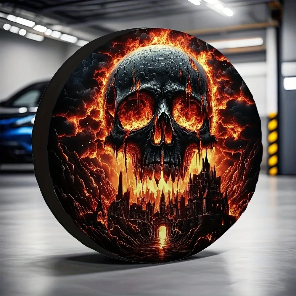 

Fire Skull Castle Tire Cover Durable Polyester Spare Wheel Protector for Trailer