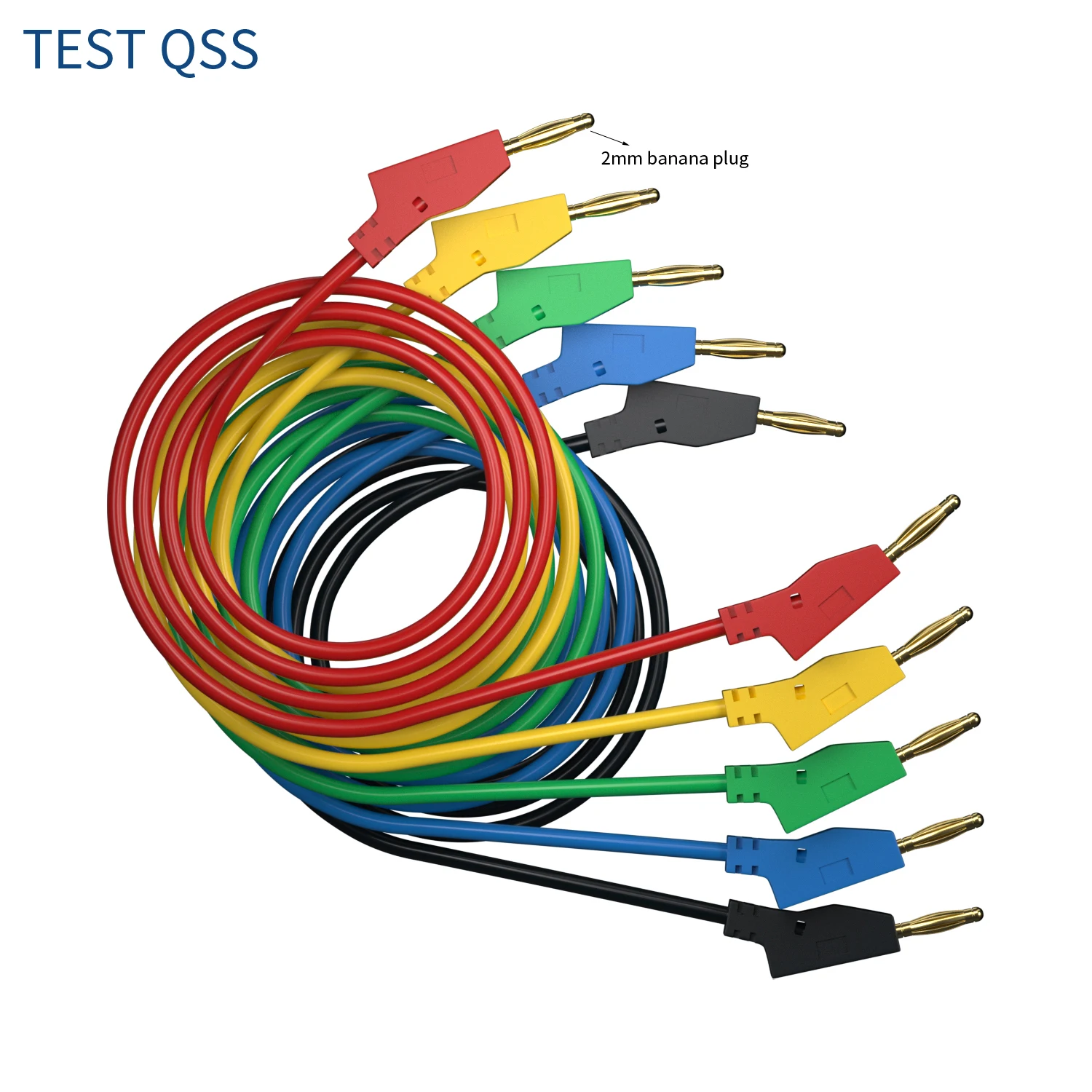 QSS 5 قطعة 2 مللي متر تكويم مطلية بالذهب الموز التوصيل اختبار الرصاص سلك توصيل معزز اختبار كهربائي كابل خط 5 ألوان