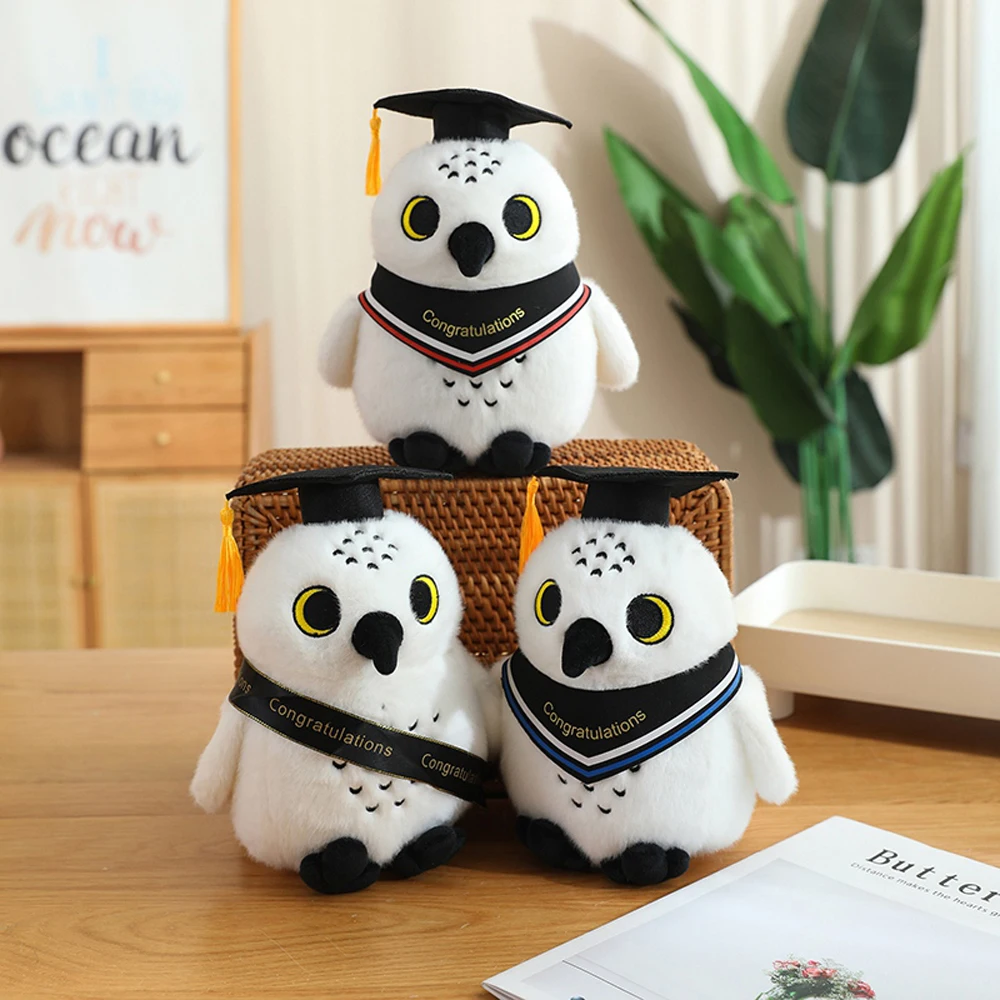

Graduational Bachelor Owl Plush Toy Wearing Cap And Imprinted Ribbons Cartoon Hedwig Owl Stuffed Animal Doll Fun Graduation Gift