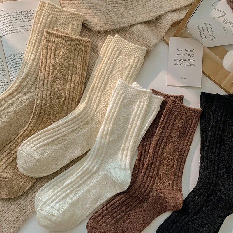 6 Pairs/Lot New Cashmere Wool Socks Women's Winter Thicken Warm Black White Pack Set Thermal Japanese Fashion Solid Color