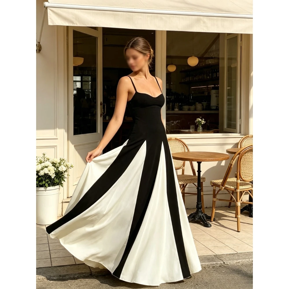 Customized Black and White Block Spaghetti Strap Dresses 2026 New High Waisted Flowing A-line Evening Gown Suitable for Dances