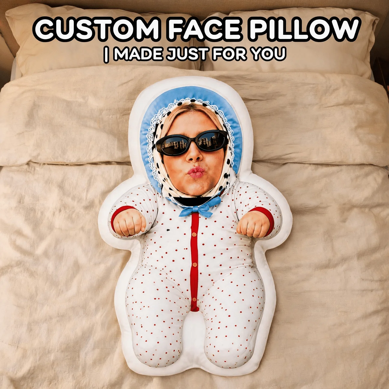 Custom Funny Face-Shaped Pillow, Personalized Photo Adult in Polka Dot Outfit And Sunglasses Decorative Cushion, Unique Home Dec