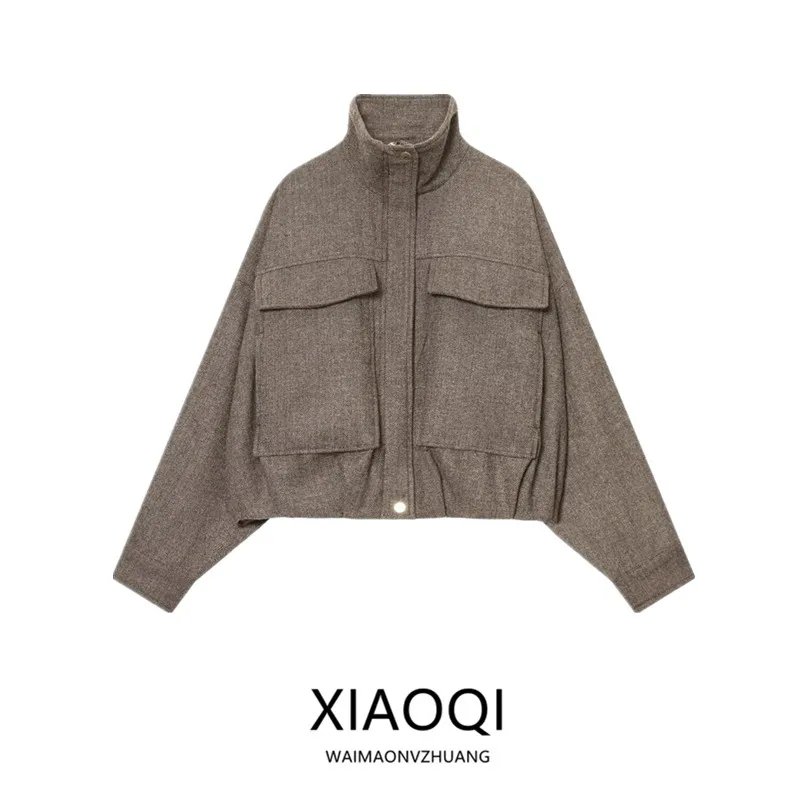 

Winter New Women's Pilot Jacket Coat Gingham Pattern Stand Collar Puffy Outerwear Short Length Zipper Closure Long Sleeve